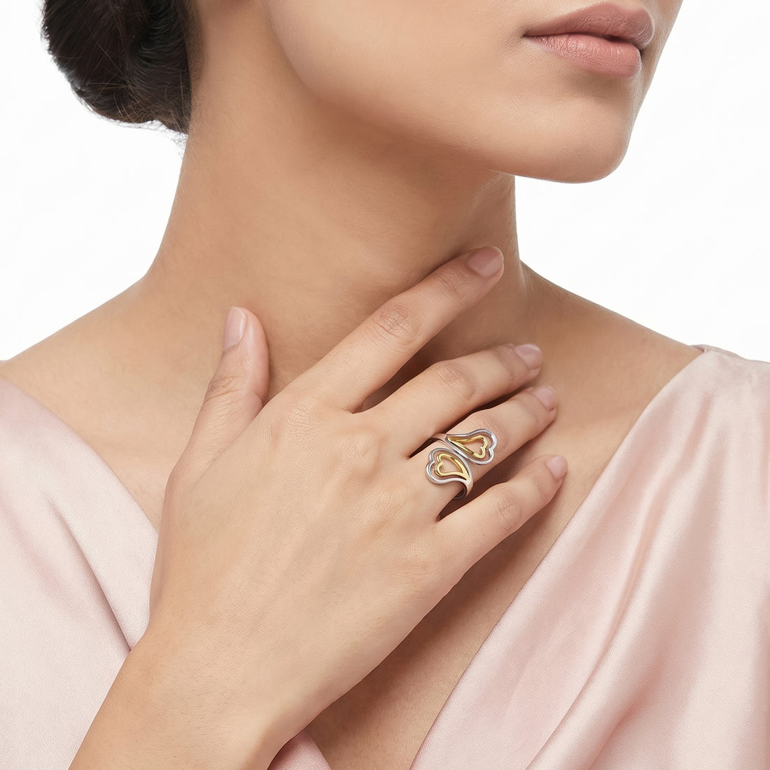 PRAO Ring Anti-Tarnish Two Hearts Bypass (Adjustable Size)