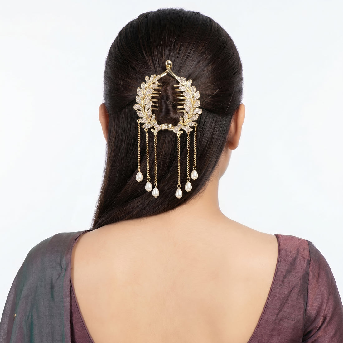 Prao Hair Claw Clip Anti-Tarnish Laurel Wreath With Rhinestones And Pearl Drops