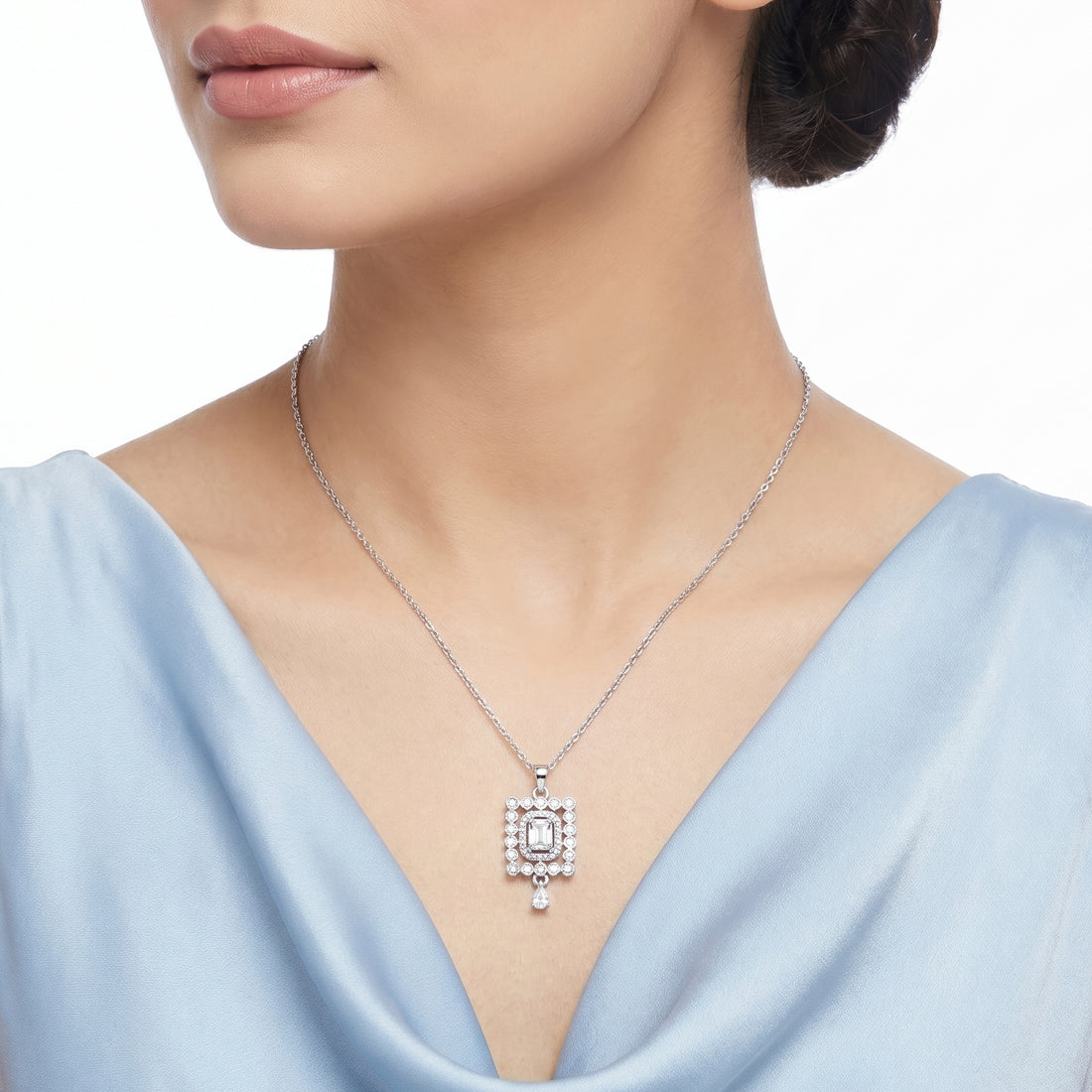 PRAO Necklace Anti-Tarnish Emerald-Cut Halo Drop Pendant