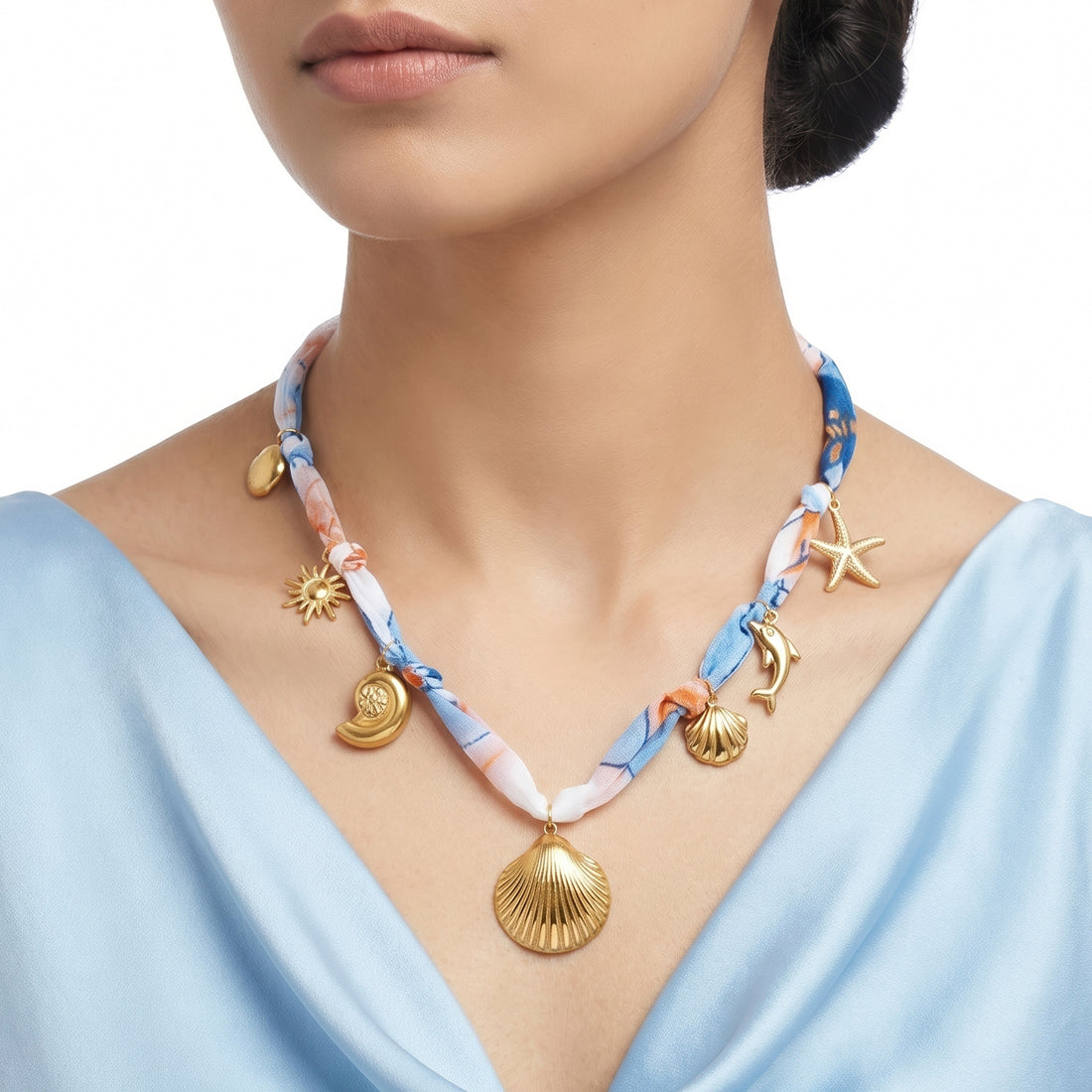 PRAO Necklace Anti-Tarnish Sky Blue Fabric Shell Charm