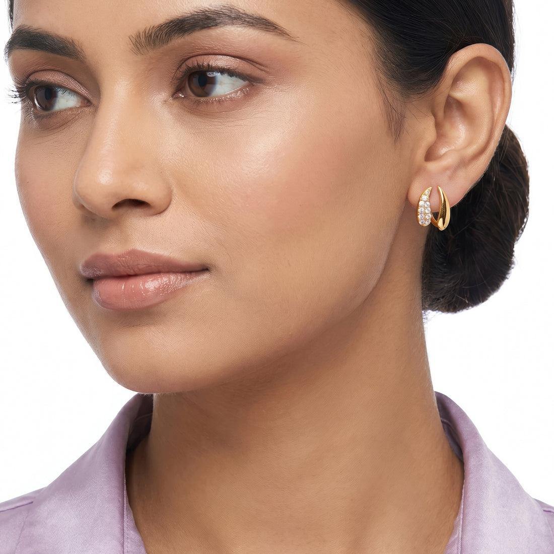 PRAO Earrings Anti-Tarnish Curved Pave Hoop Studs