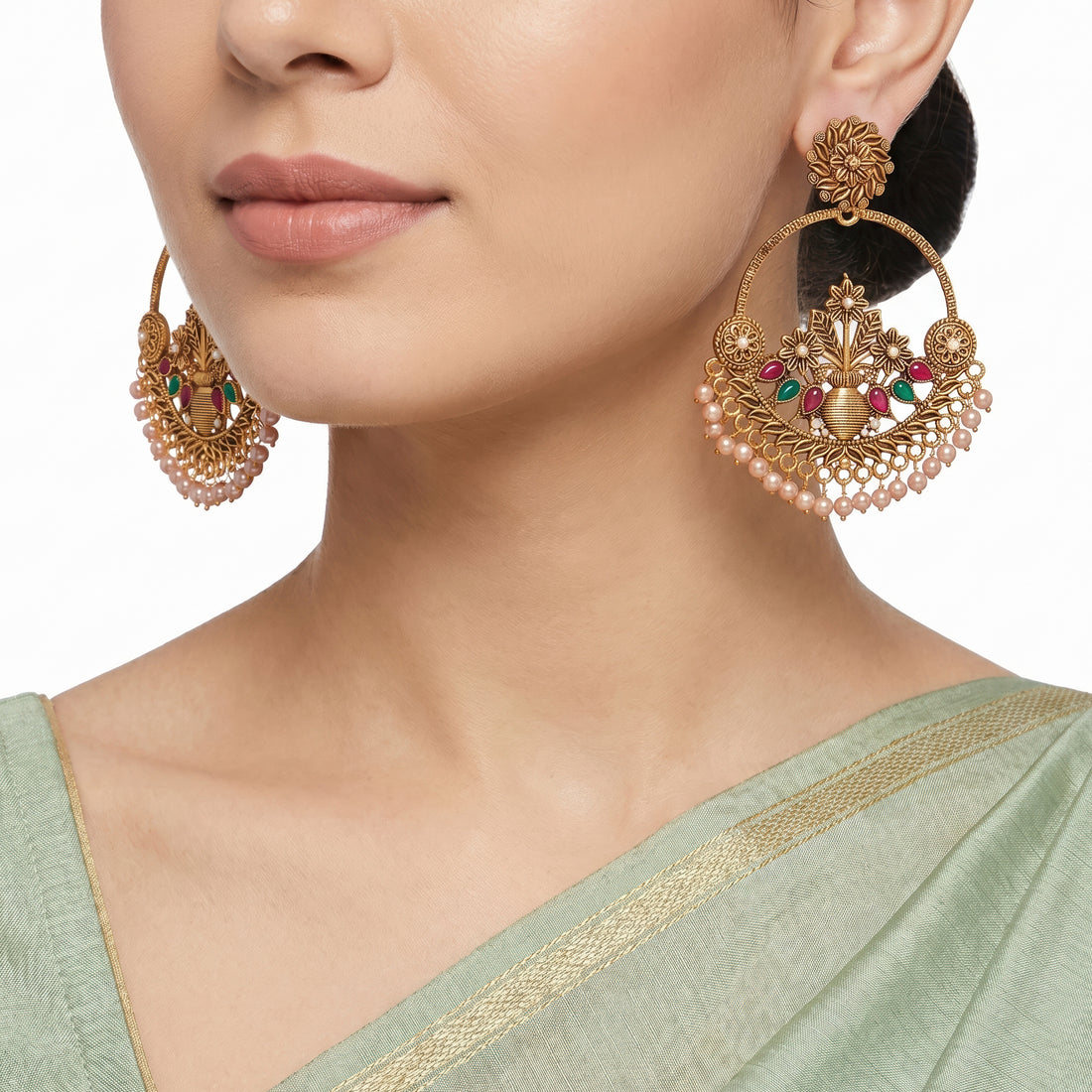 PRAO Earrings Anti-Tarnish Kalash Motif Chandbali With Pearl Beads
