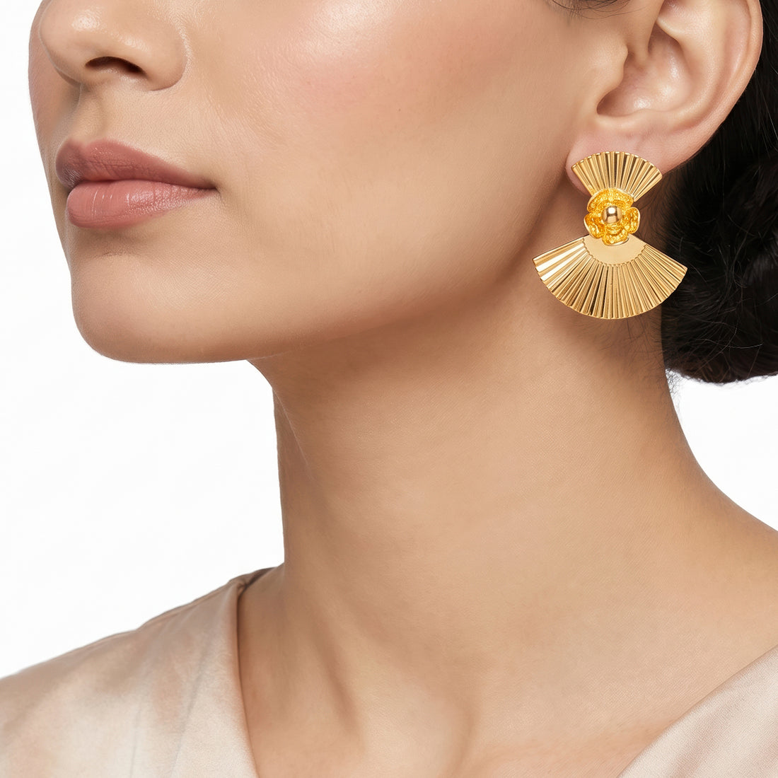 PRAO Earrings Anti-Tarnish Art Deco Fan Statement With Floral Accent