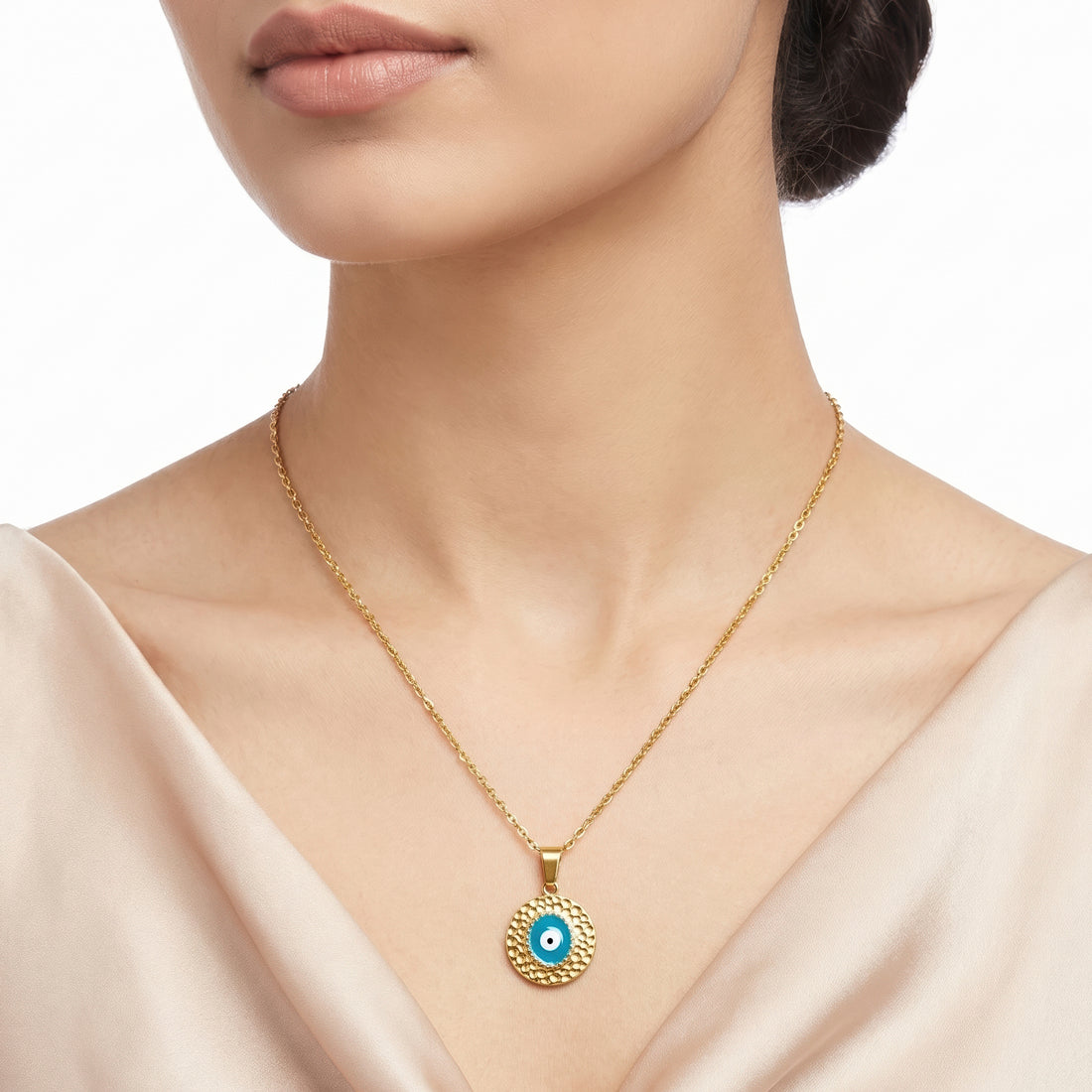 PRAO Necklace Anti-Tarnish Hammered Turquoise Evil Eye
