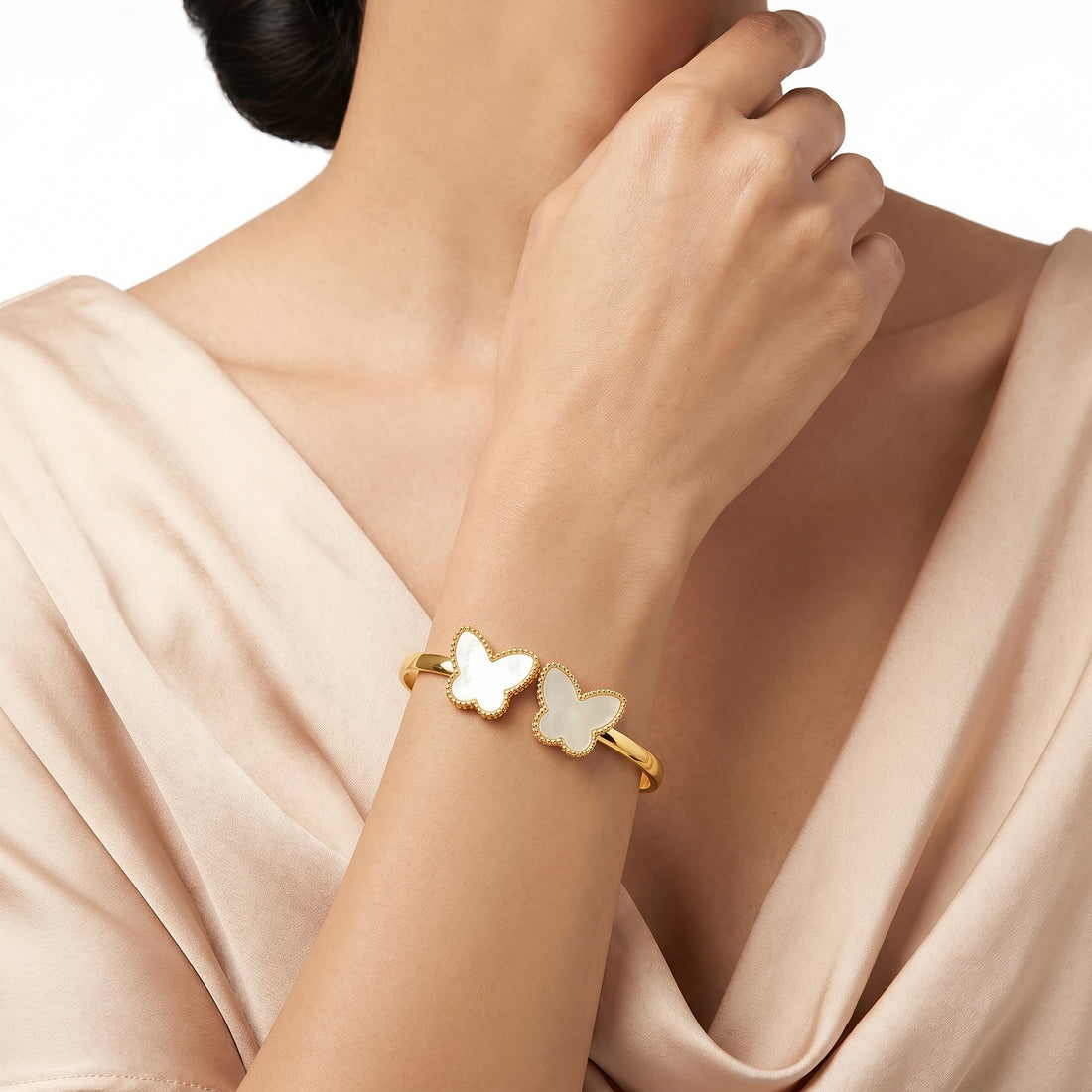 PRAO Bracelet Anti-Tarnish White Butterfly Open Bangle (Adjustable Size)