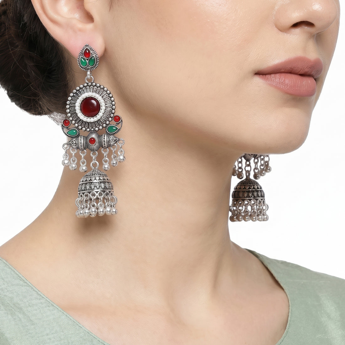 PRAO Earrings Anti-Tarnish Tribal Design Stone Jhumka