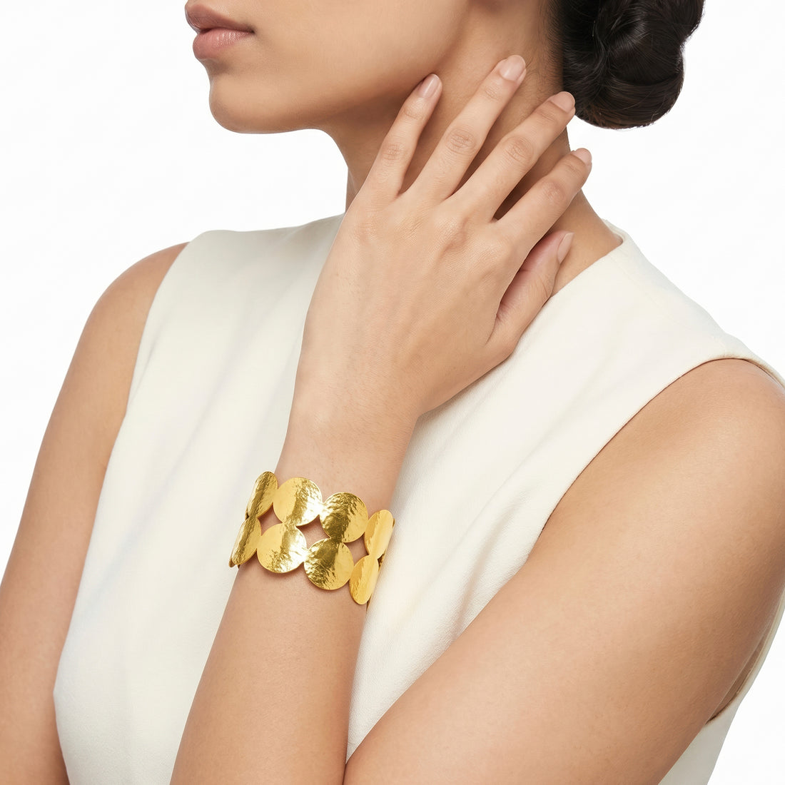 PRAO Bracelet Anti-Tarnish Hammered Disc Open-Cuff (Adjustable Size)