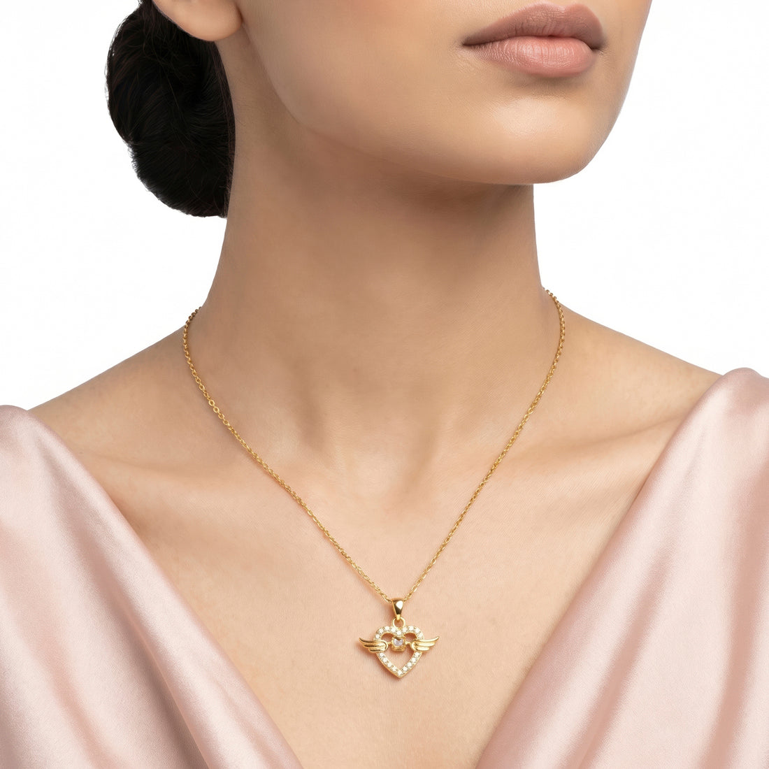 PRAO Necklace Anti-Tarnish Heart Pendant With Angel Wings