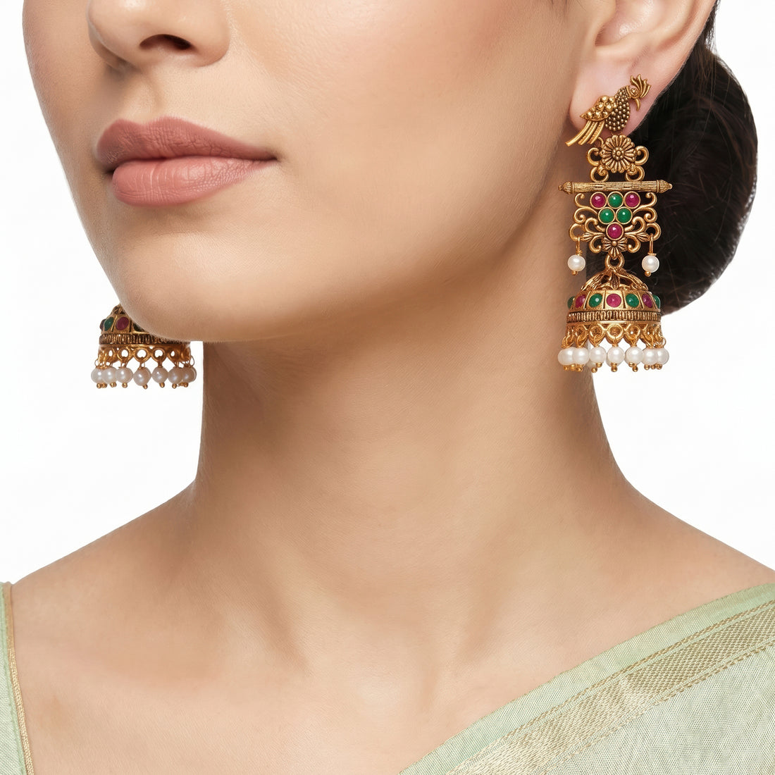 PRAO Earrings Anti-Tarnish Parrot & Floral Stone Jhumka