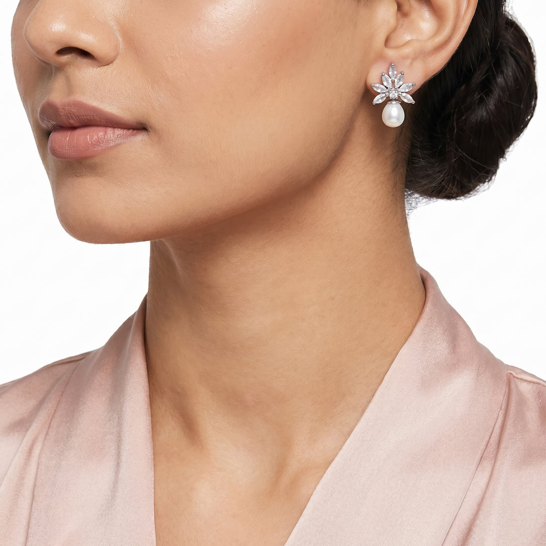 PRAO Earrings Anti-Tarnish Pearl Drop With Marquise Crystal Top