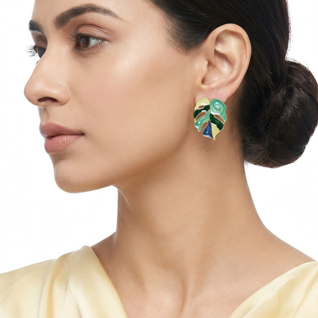 PRAO Earrings Anti-Tarnish Monstera Enamel Studs