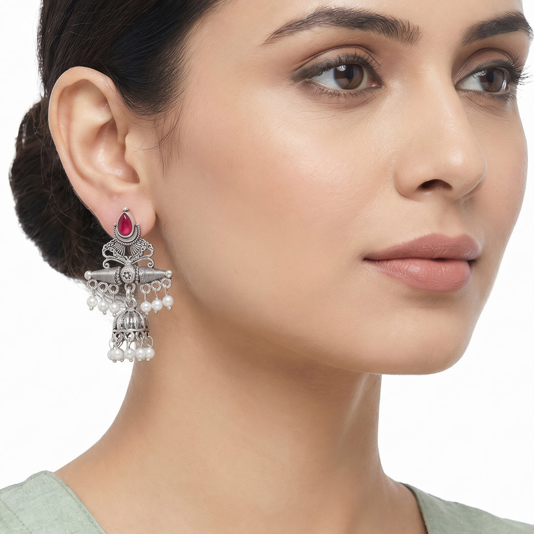 PRAO Earrings Anti-Tarnish Fuchsia Pink Kundan Jhumka