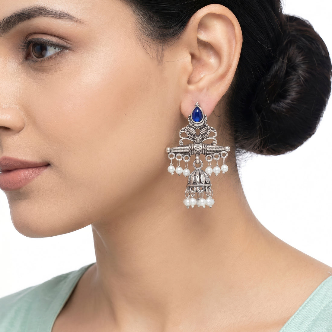 PRAO Earrings Anti-Tarnish Deep Blue Kundan Jhumka