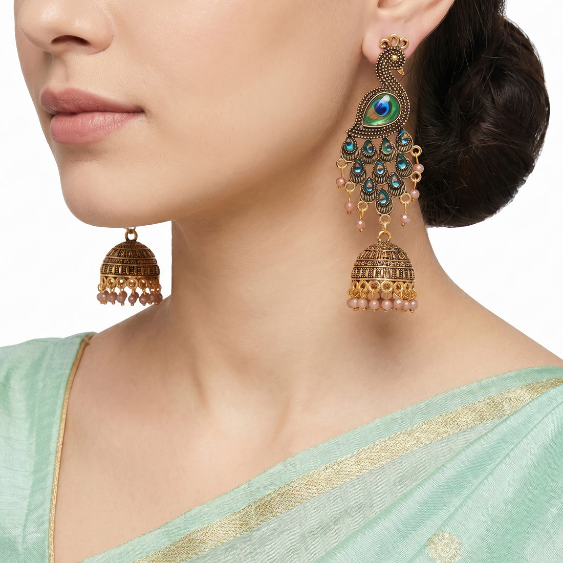 PRAO Earrings Anti-Tarnish Peacock Feather Motif Jhumka