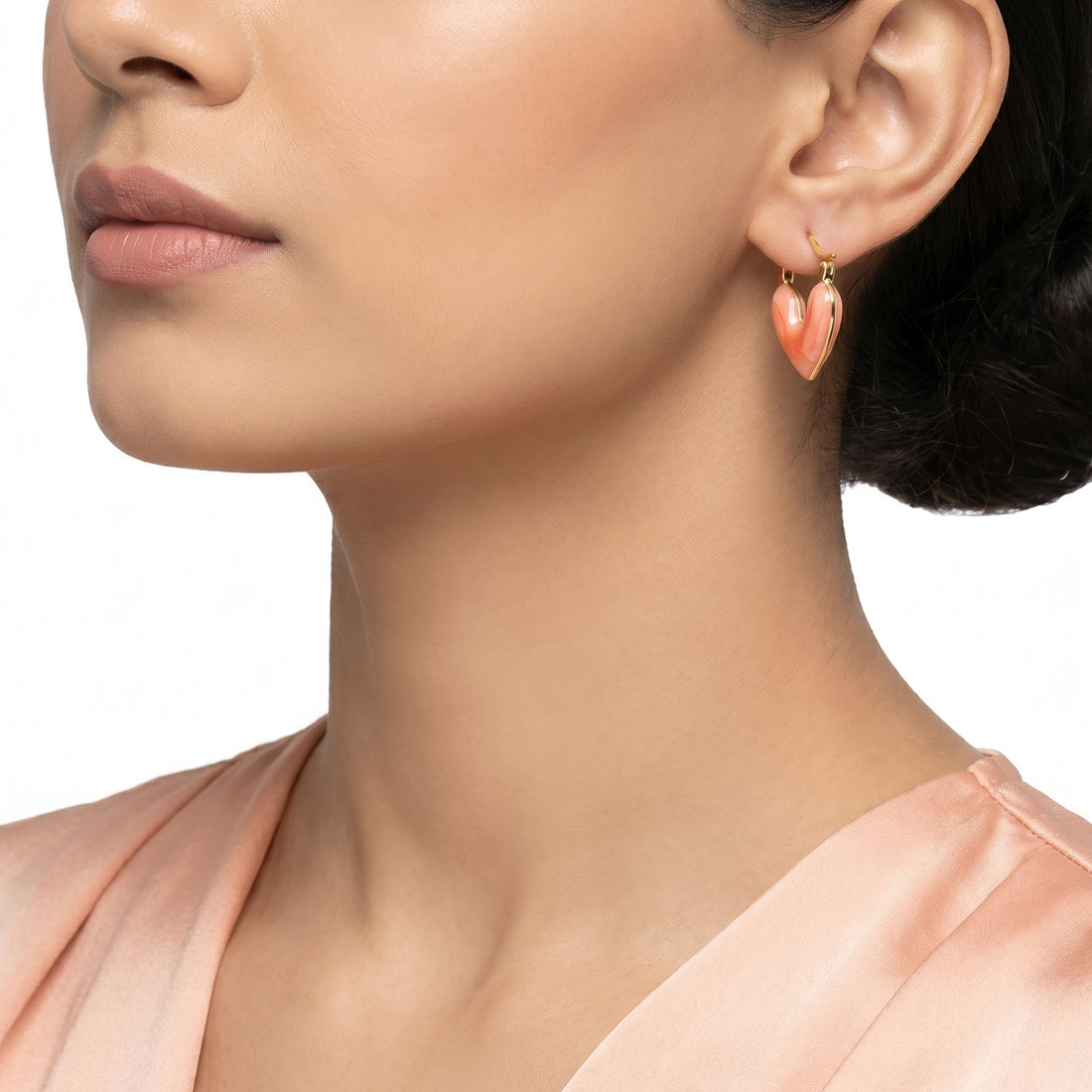 PRAO Earrings Anti-Tarnish Peach Pink Heart Hoop Enamel