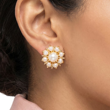 PRAO Earrings Anti-Tarnish Floral Sunburst Pearl Studs