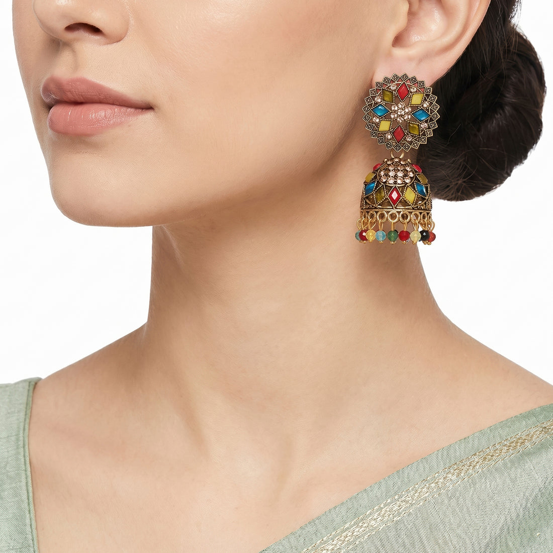 PRAO Earrings Anti-Tarnish Multi-Colored Antique Gold Jhumka