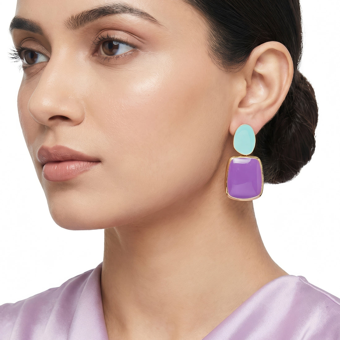 PRAO Earrings Anti-Tarnish Mint And Purple Geometric Enamel Drop