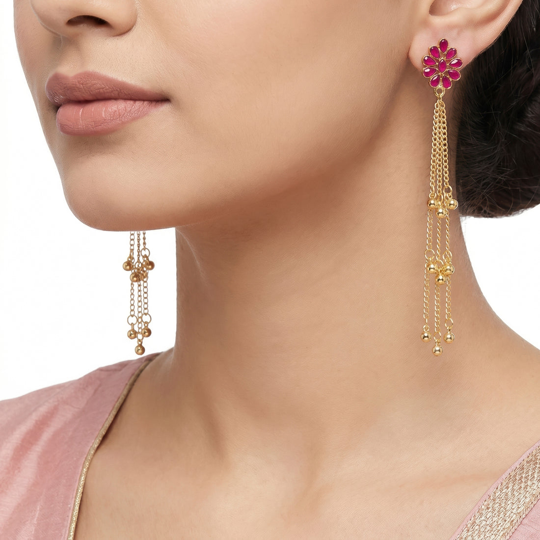 PRAO Earrings Anti-Tarnish Ruby Red Kashmiri Chain