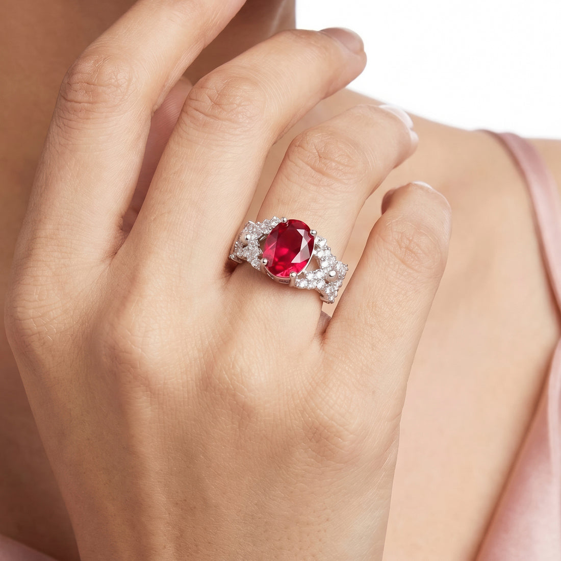 PRAO Ring Anti-Tarnish Ruby Oval Crystal (Adjustable Size)