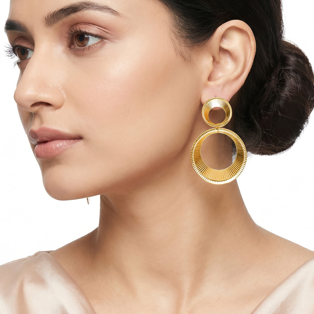 PRAO Earrings Anti-Tarnish Two-Tiered Circle Disc