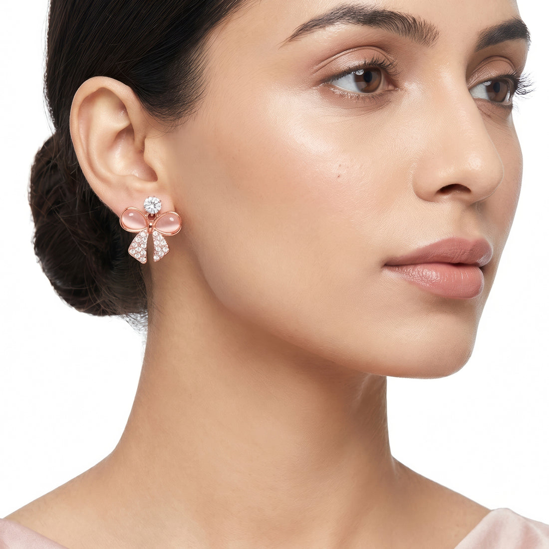 PRAO Earrings Anti-Tarnish Rose Bow Cat-Eye Crystal