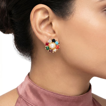 PRAO Earrings Anti-Tarnish Multicolor Floral Pearl Studs