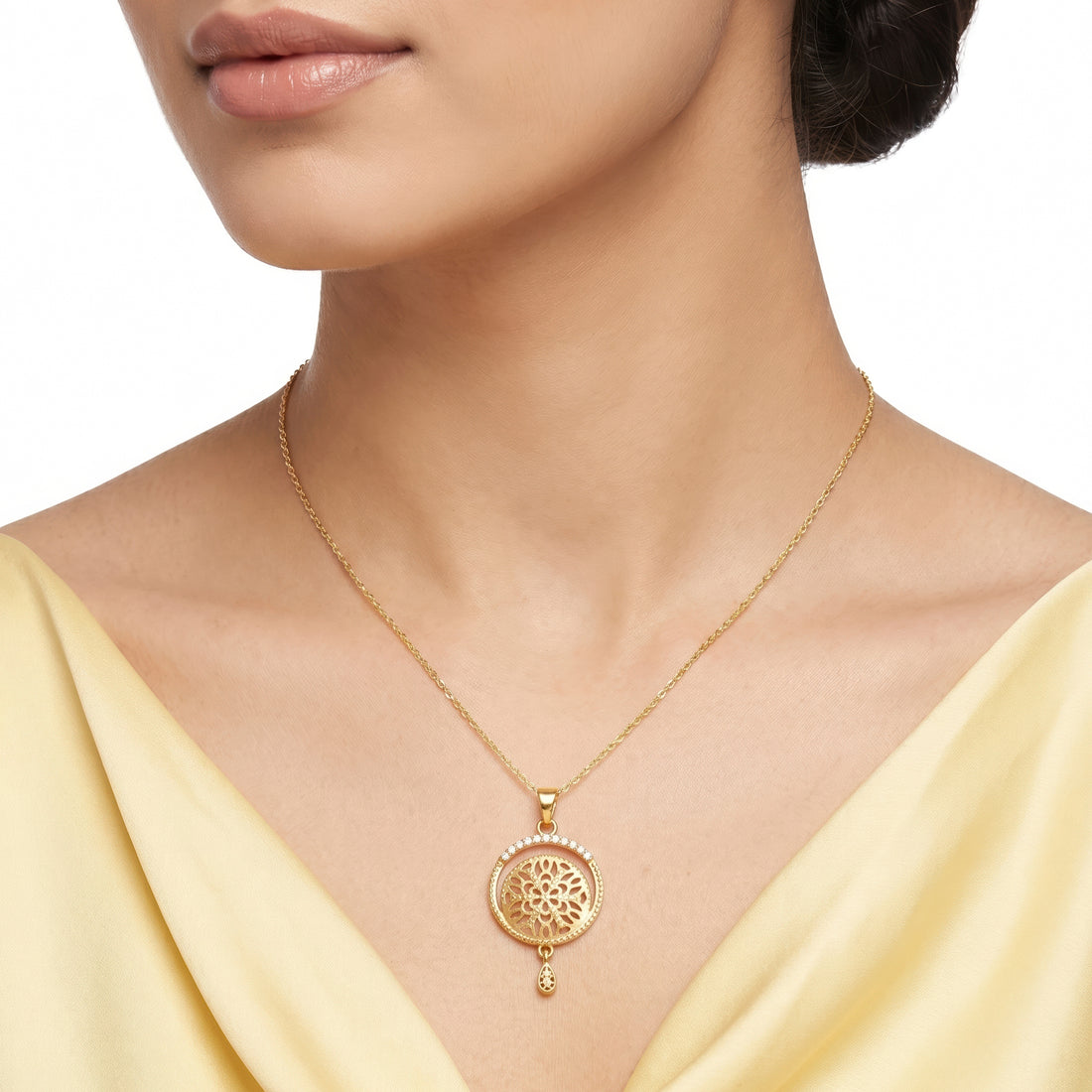 PRAO Necklace Anti-Tarnish Mandala Crystal Teardrop Pendant