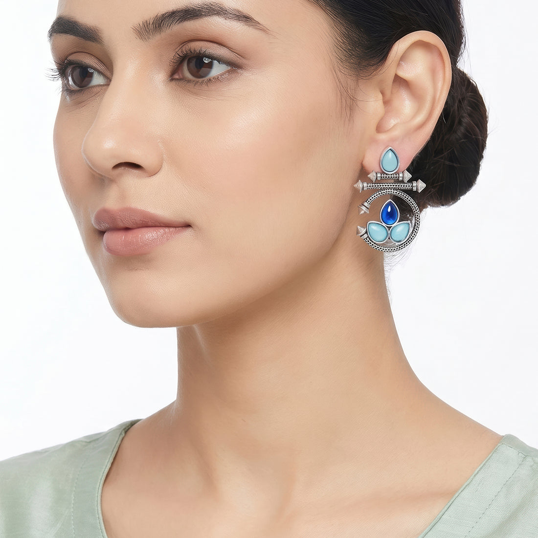 PRAO Earrings Anti-Tarnish Aqua Blue Tribal Stone