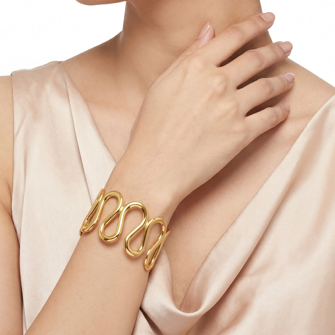 PRAO Bracelet Anti-Tarnish Wavy Openwork Statement Cuff (Adjustable Size)