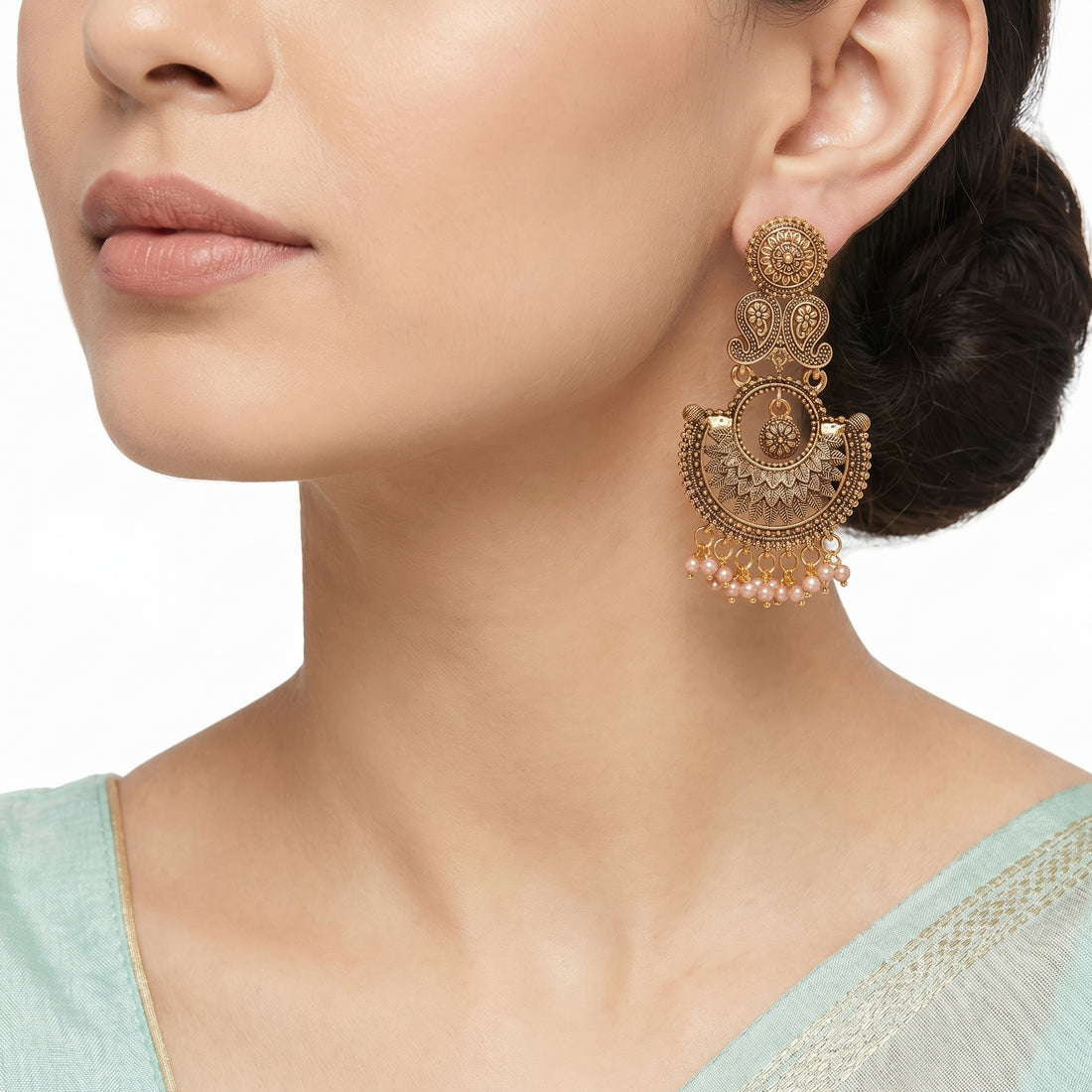 PRAO Earrings Anti-Tarnish Antique Filigree Pearl Chandbali