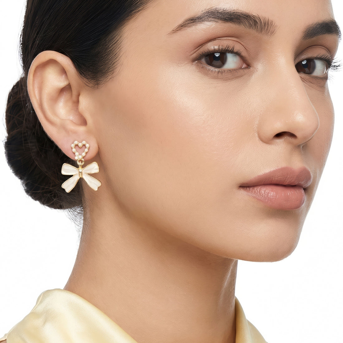 PRAO Earrings Anti-Tarnish Pearl Heart And Enamel Bow Drop