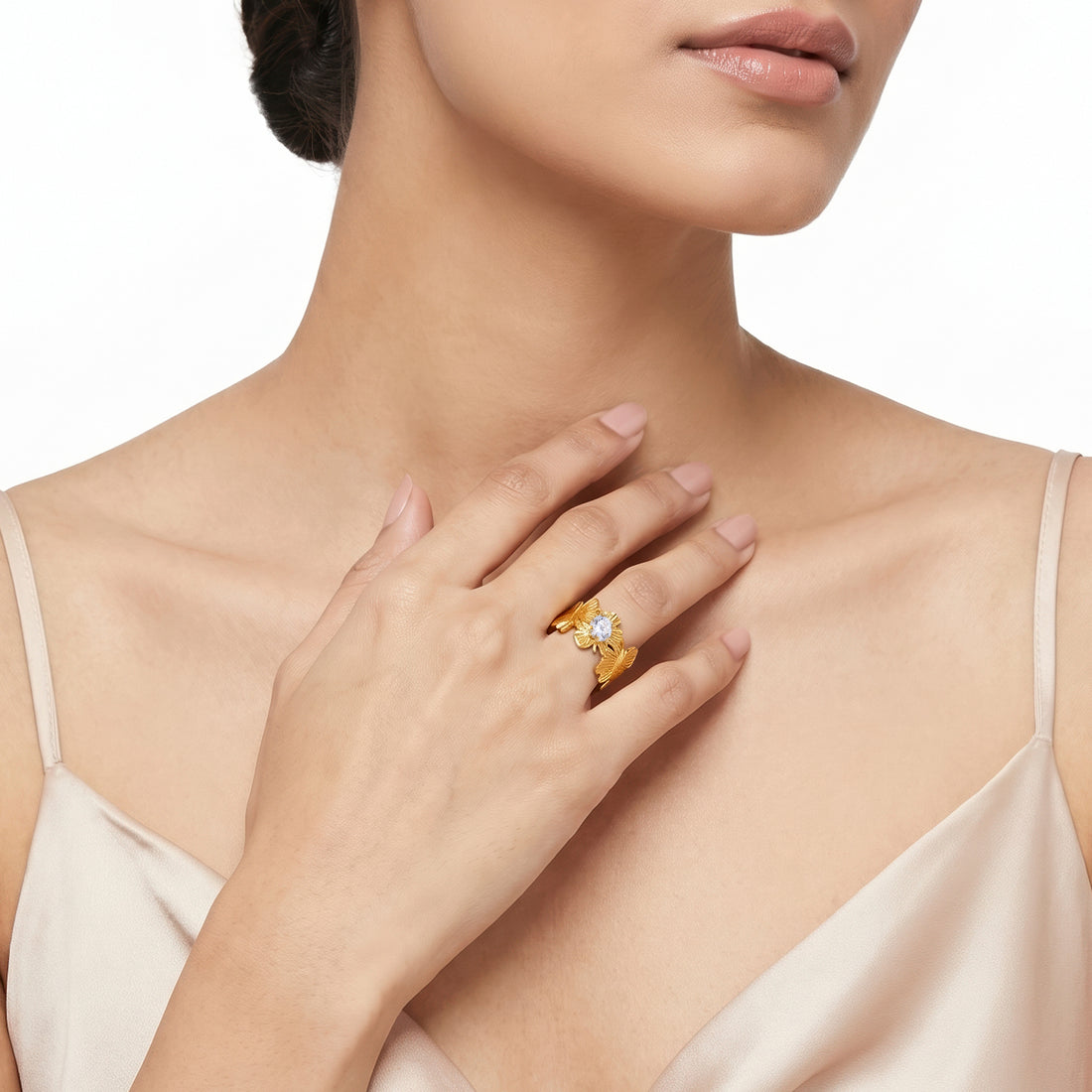 PRAO Ring Anti-Tarnish Ginkgo Leaf Crystal Accent (Adjustable Size)
