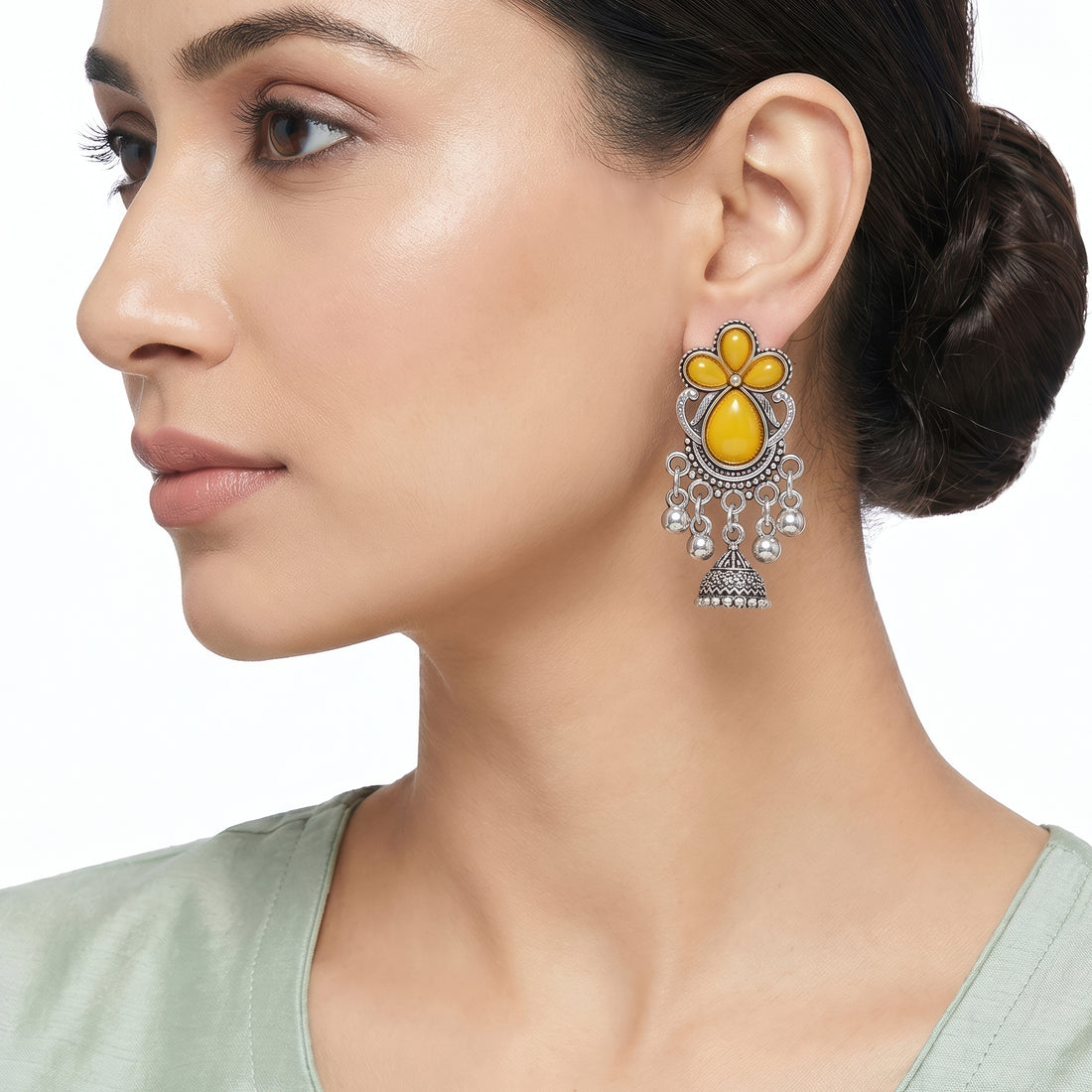 PRAO Earrings Anti-Tarnish Yellow Floral Ghungroo Jhumka