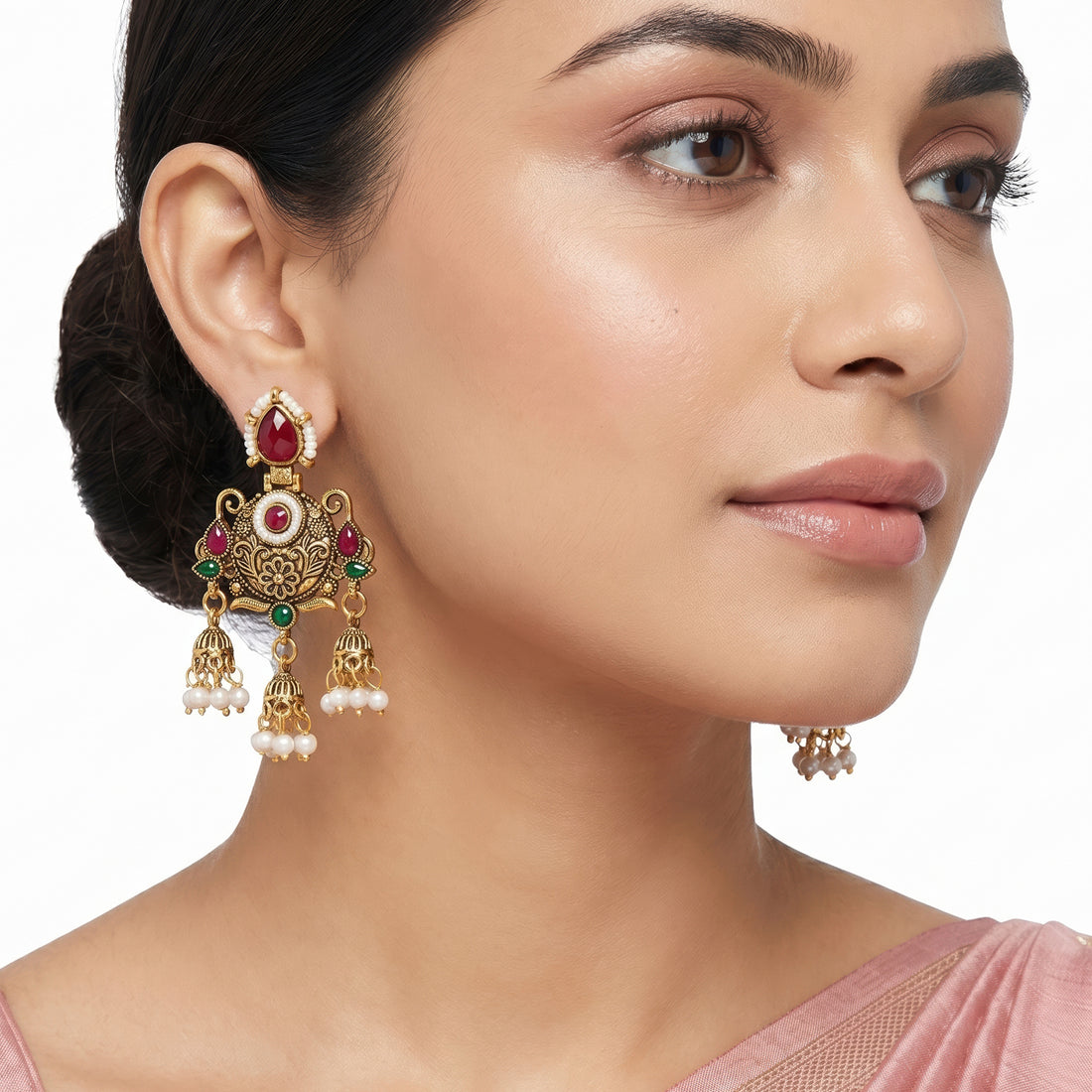 PRAO Earrings Anti-Tarnish Ruby & Pearl Accent Jhumka