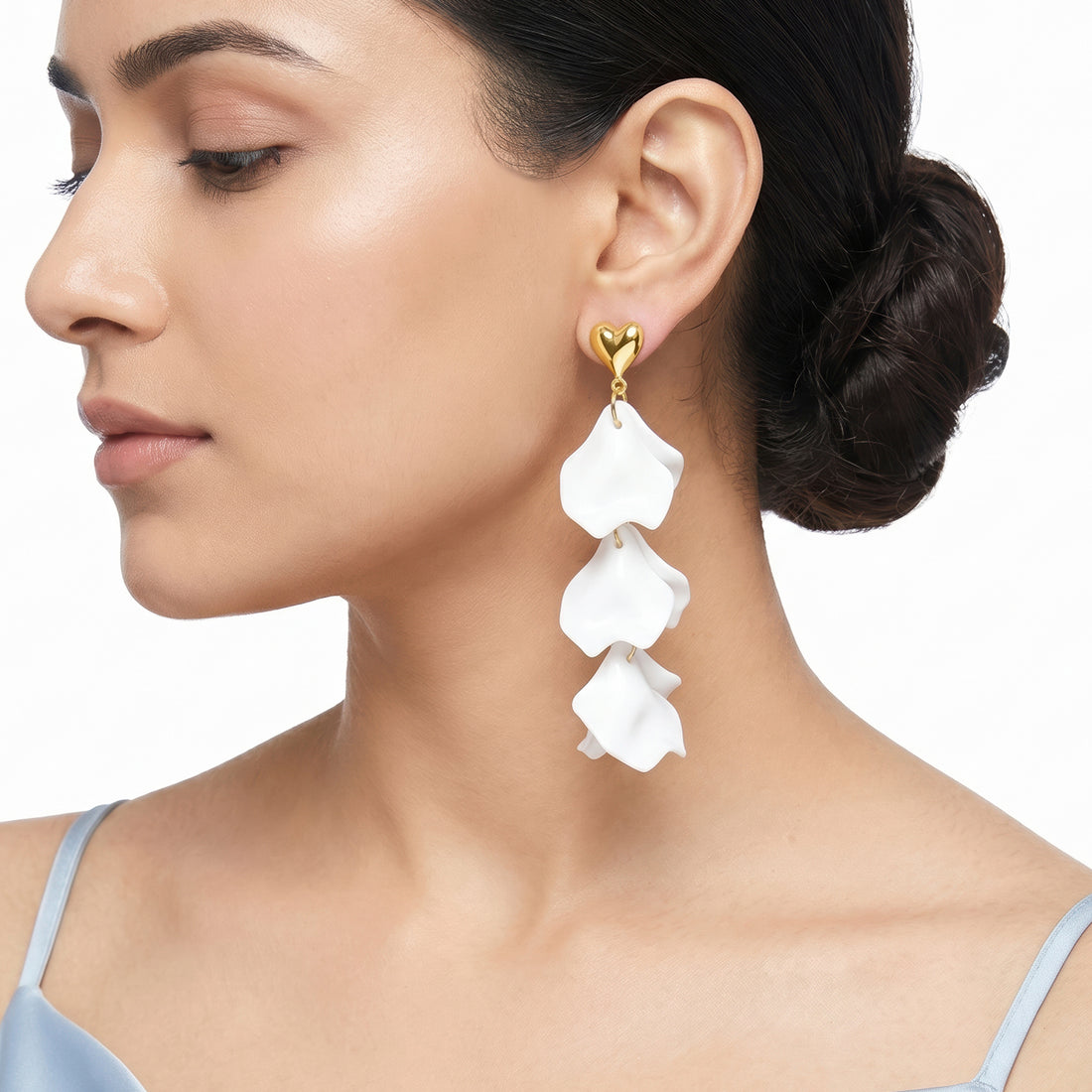 PRAO Earrings Anti-Tarnish Heart Stud Drop With White Floral Petals