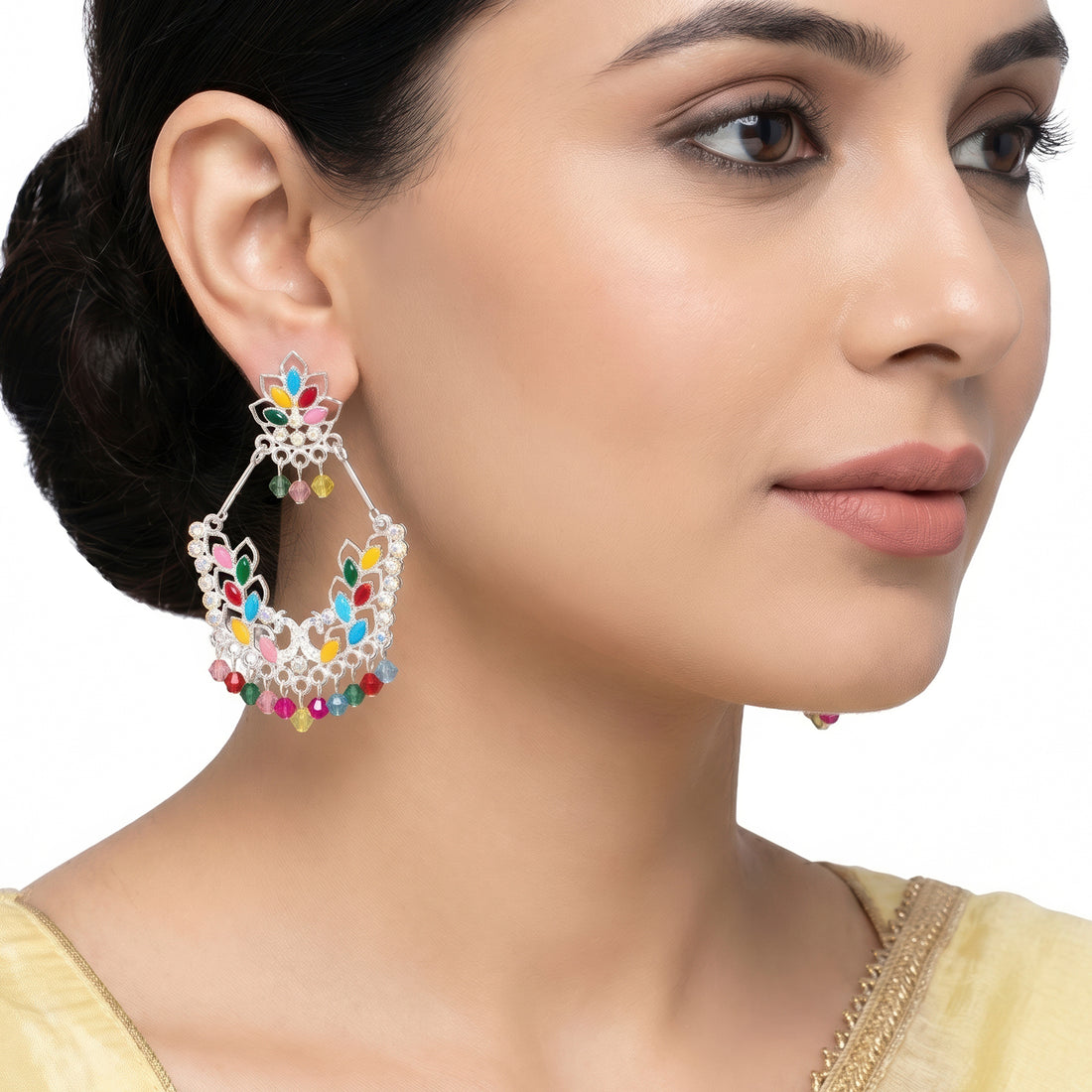 PRAO Earrings Anti-Tarnish Multi-Color Stone Hoops With Bead Charms