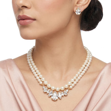 PRAO Necklace Anti-Tarnish Double-Strand Pearl With Teardrop Crystal Pendant Set With Earrings