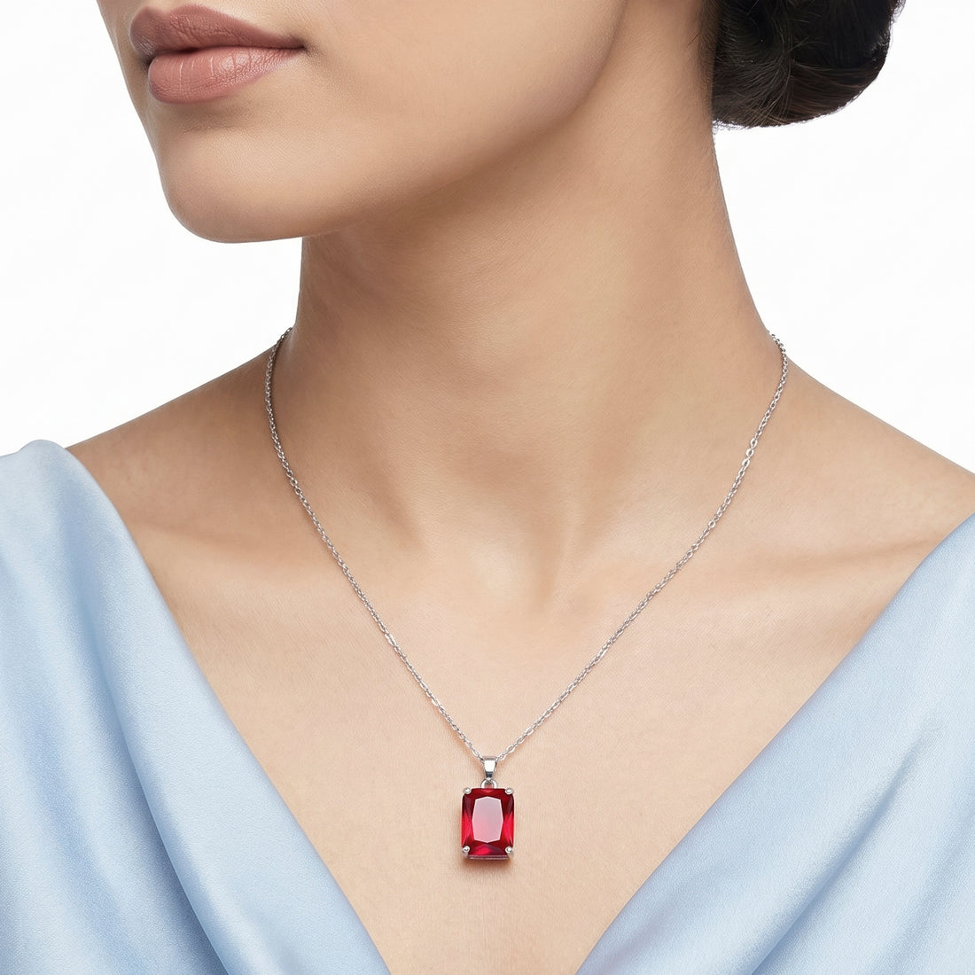 PRAO Necklace Anti-Tarnish Ruby Red Emerald-Cut Pendant
