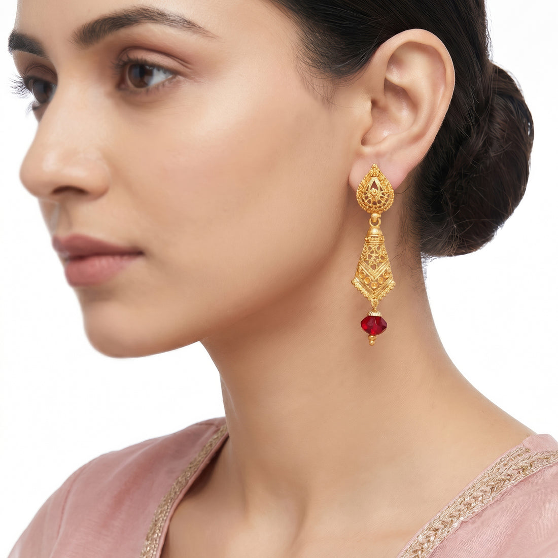 PRAO Earrings Anti-Tarnish Red Bead Filigree Drop