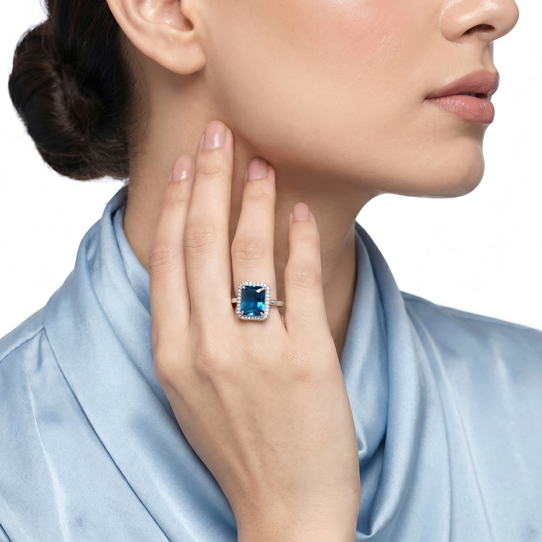 PRAO Ring Anti-Tarnish Blue Sapphire Rectangle Center Stone (Adjustable Size)