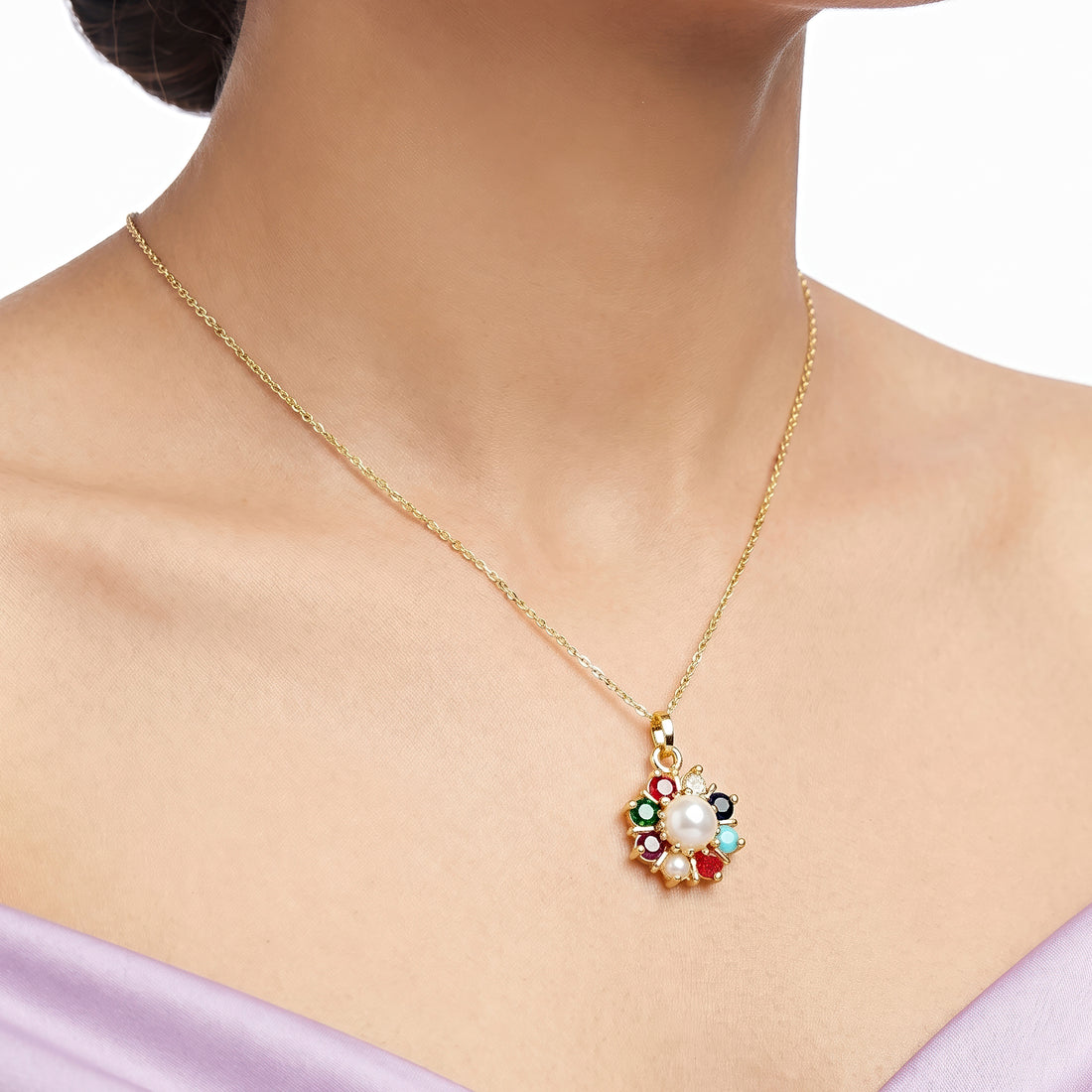 PRAO Necklace Anti-Tarnish Multicolor Floral Pendant Pearl