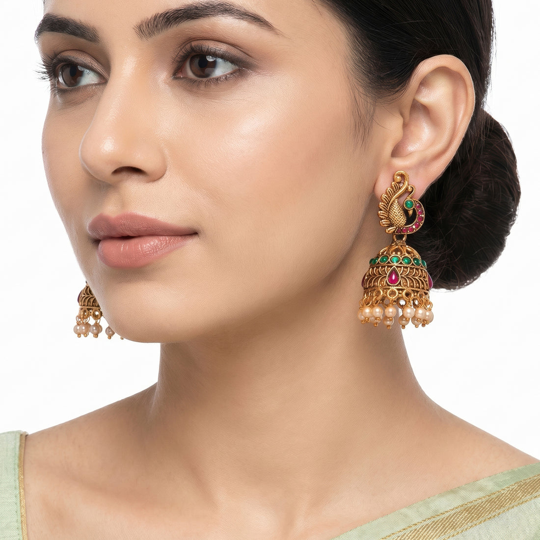 PRAO Earrings Anti-Tarnish Peacock Motif Jhumka With Ruby Green Stones