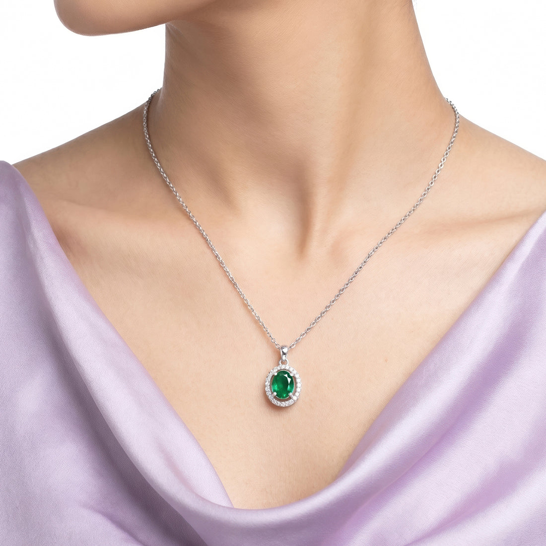 PRAO Necklace Anti-Tarnish Oval Emerald Crystal Halo Pendant