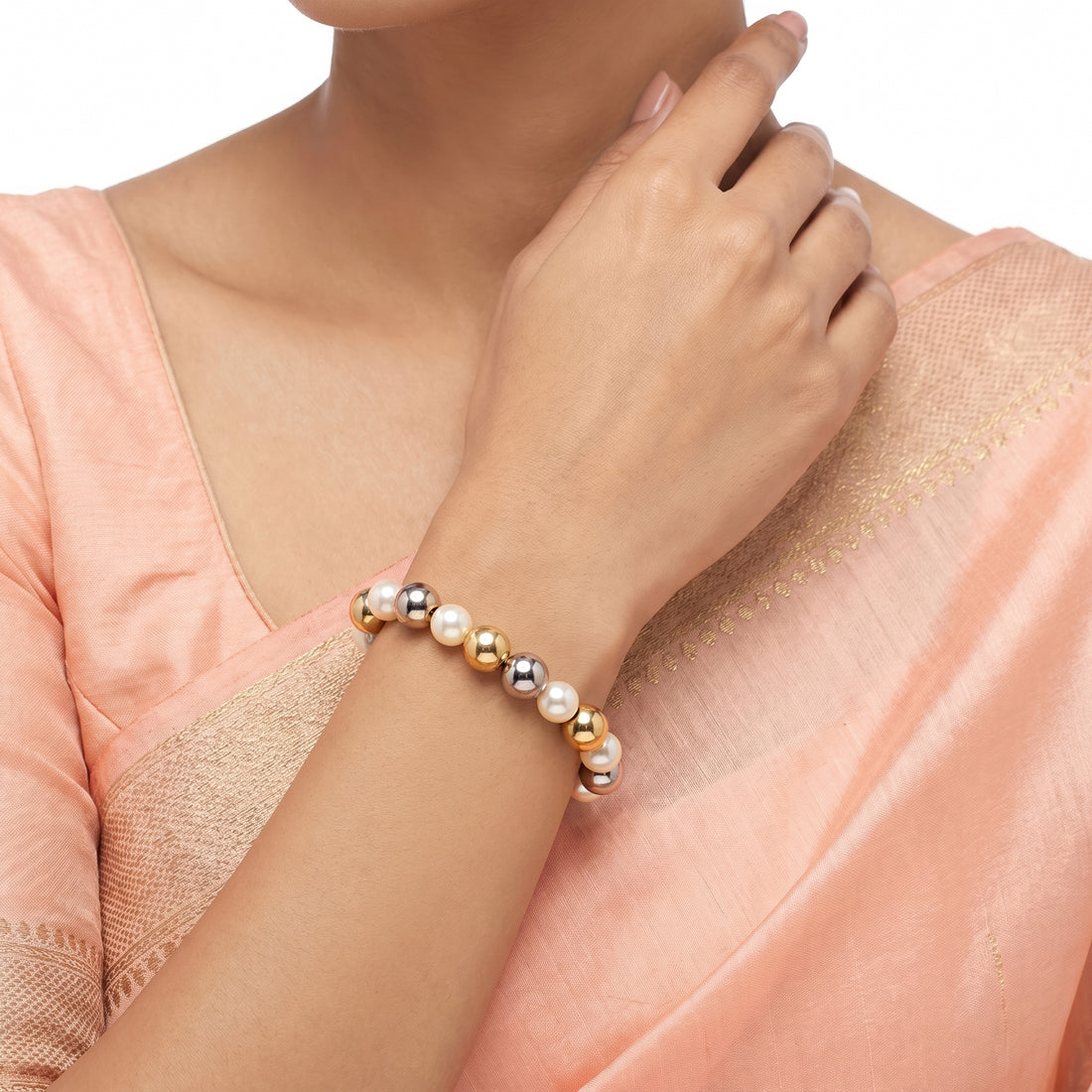 PRAO Bracelet Anti-Tarnish Dual-Tone Faux Pearl Stretch (Adjustable Size)