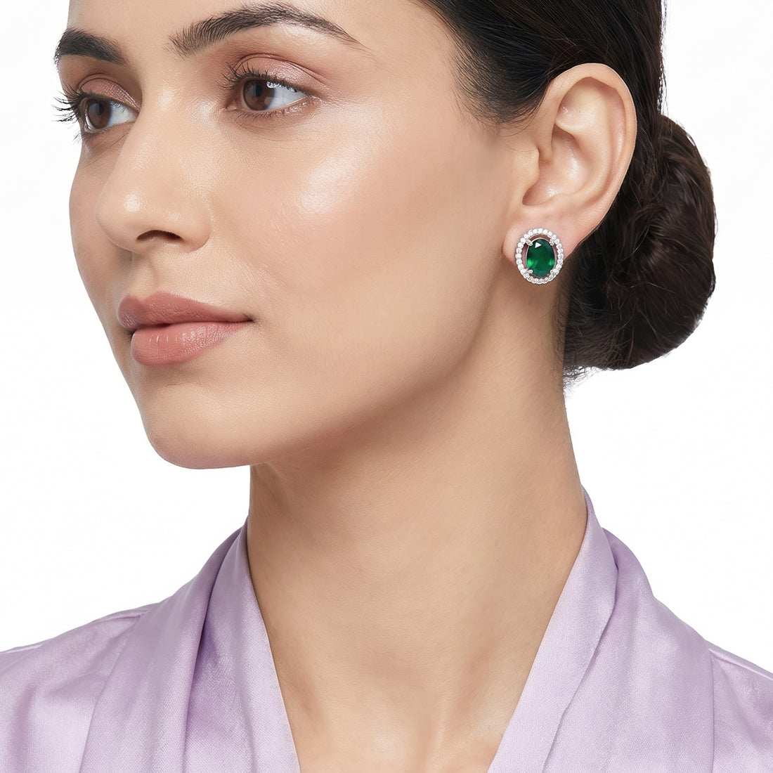 PRAO Earrings Anti-Tarnish Oval Emerald Crystal Halo Studs