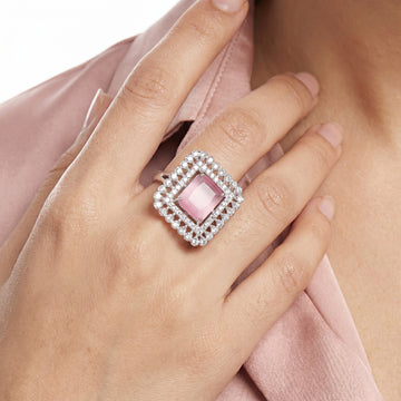 PRAO Ring Anti-Tarnish Pink Crystal Square (Adjustable Size)