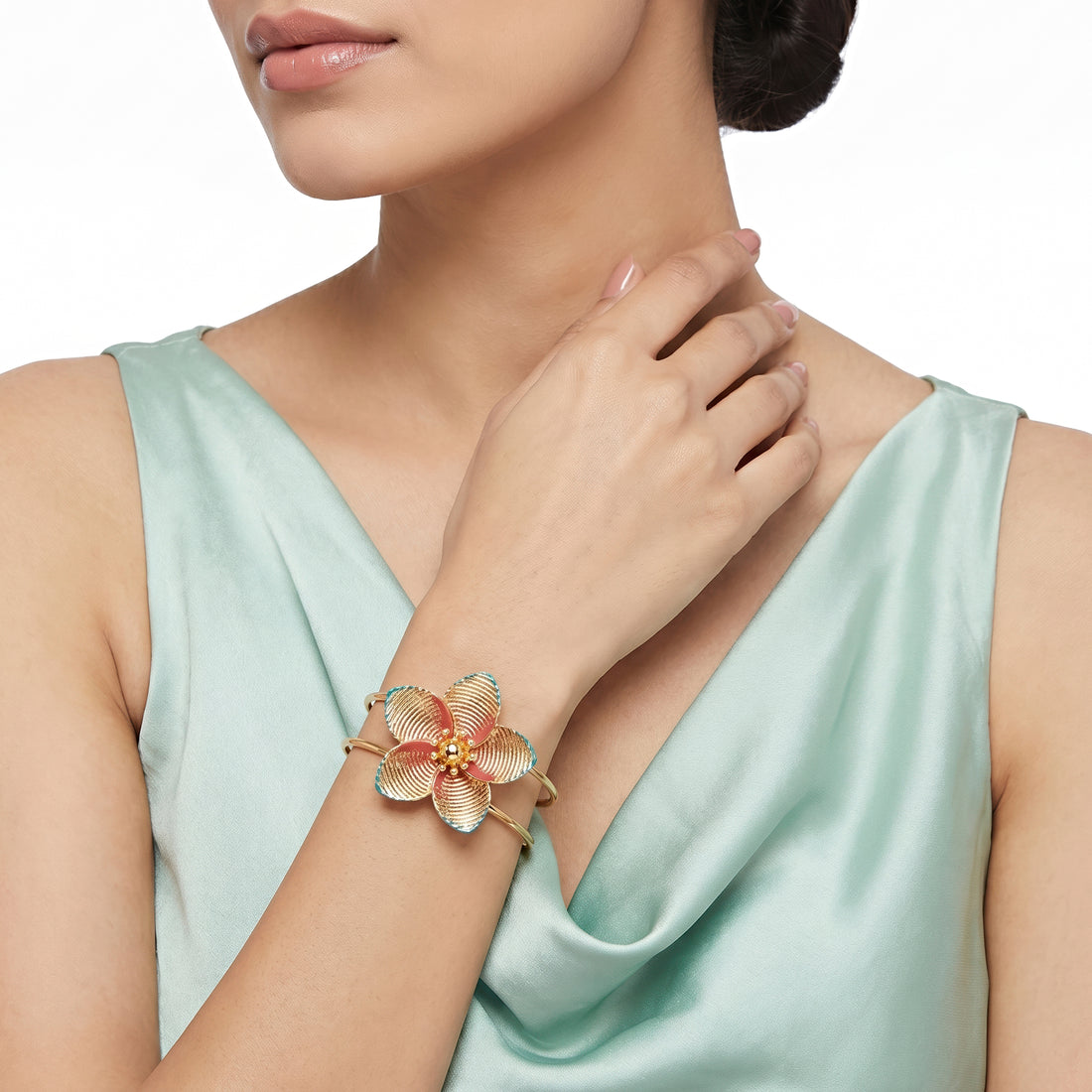 PRAO Bracelet Anti-Tarnish Plumeria Pink Teal Flower (Adjustable Size)