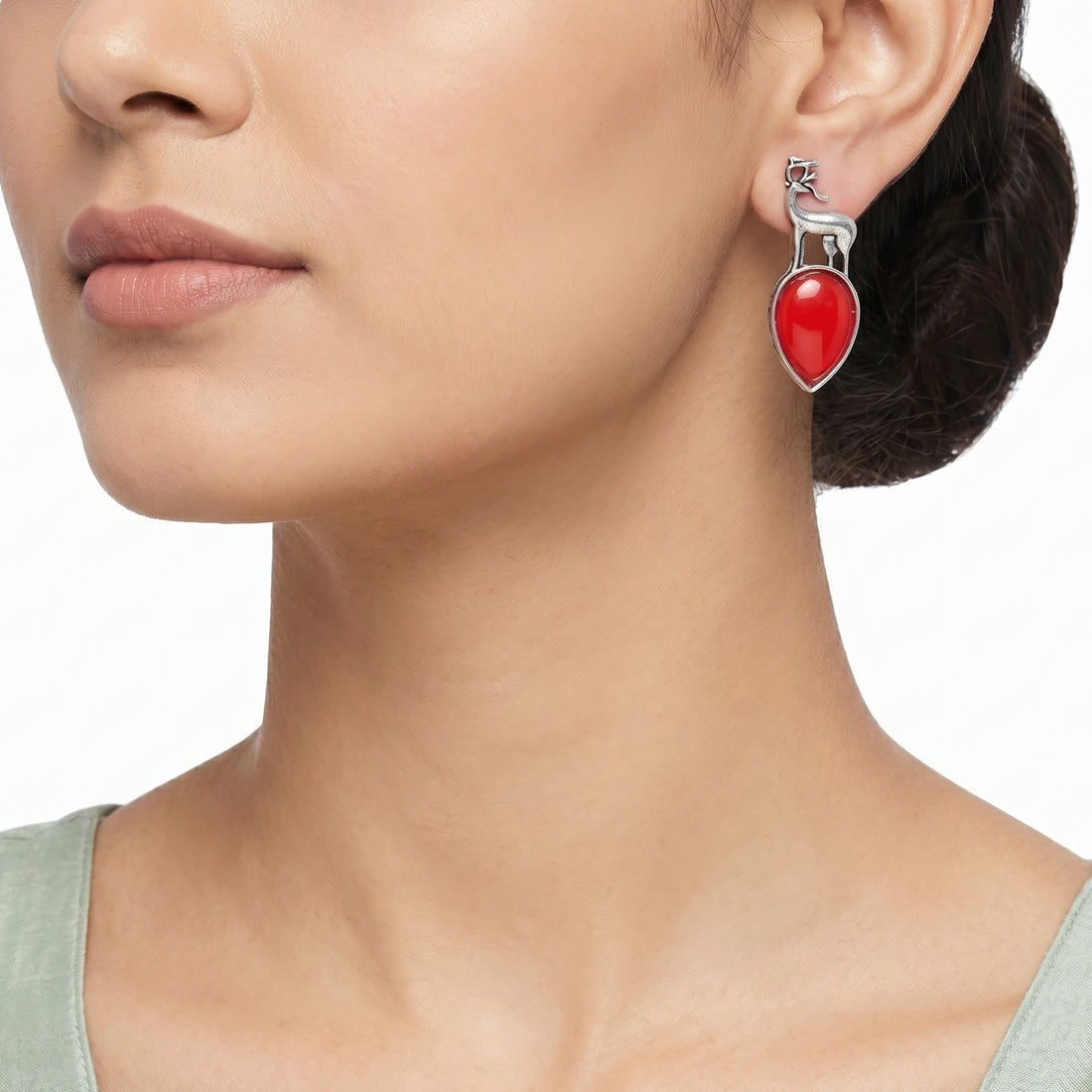 PRAO Earrings Anti-Tarnish Red Stone Stag