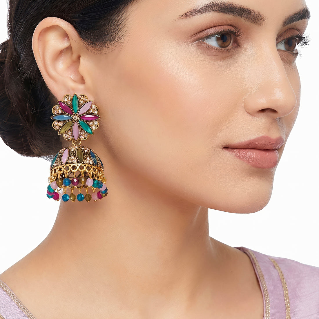 PRAO Earrings Anti-Tarnish Floral Pattern Stone Jhumka